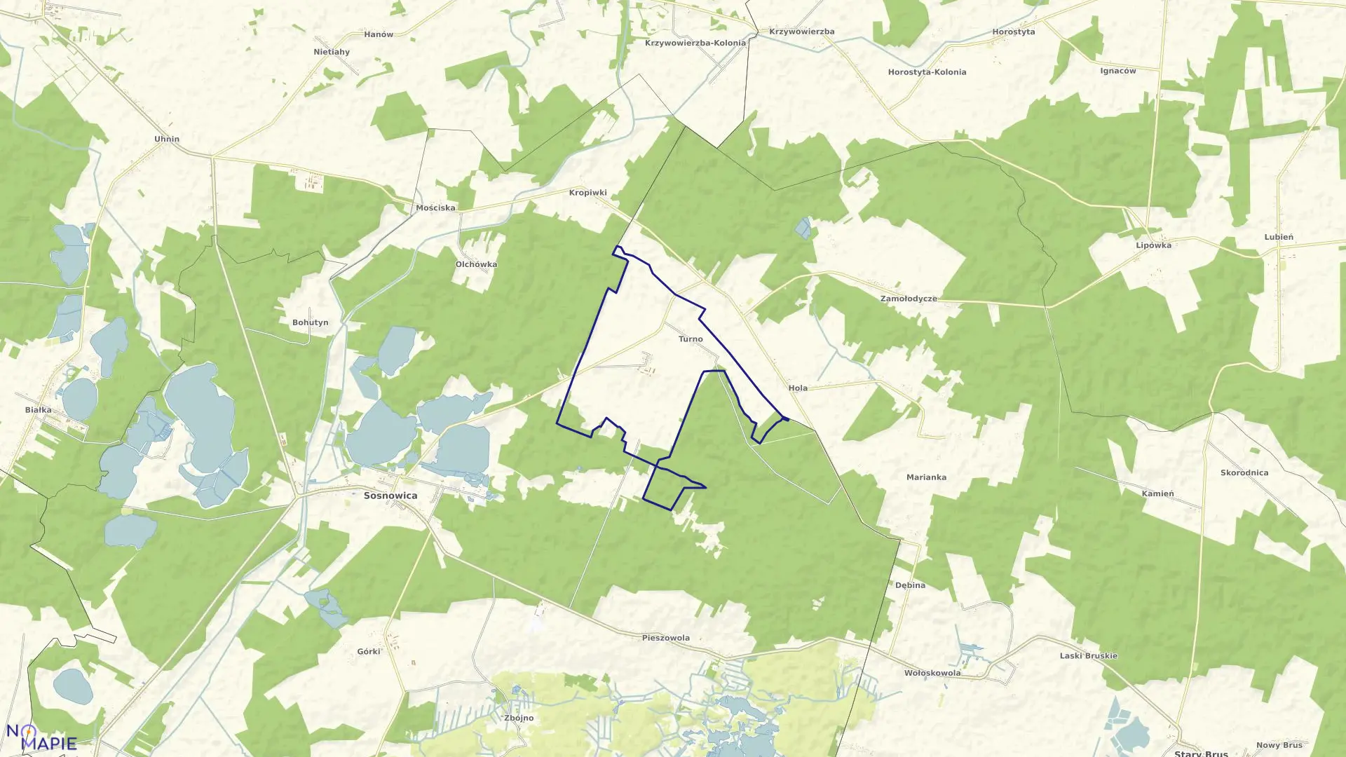 Mapa obrębu TURNO w gminie Sosnowica